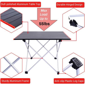 A portable camping table with a dull-polished aluminium top, sturdy frame, and black anti-slip leg caps.