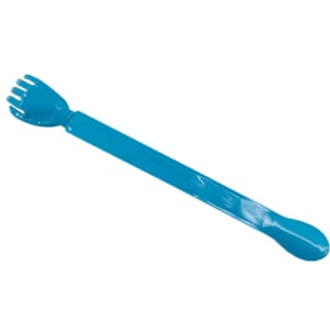 A blue helping hand back scratcher with a shoe horn feature, designed for ease of use.