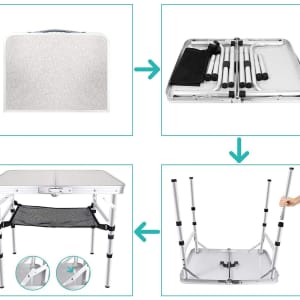 An adjustable height camping table in grey and silver, featuring a mesh layer and disassembled parts shown in steps.