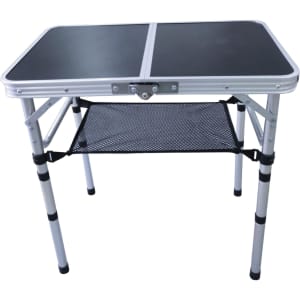An adjustable height camping table in black and silver, featuring a mesh layer underneath for additional storage.