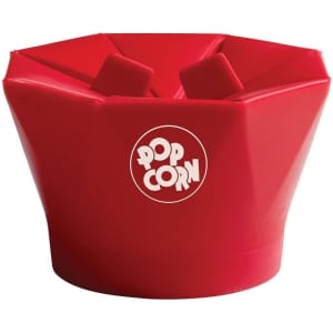 A red popcorn bucket with a logo, featuring a unique folding design for easy storage.