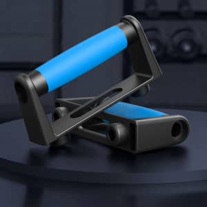 A push-up support board in black and blue, featuring ergonomic grips for enhanced stability and comfort.