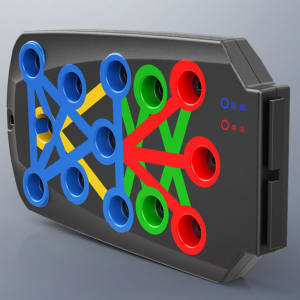 A push-up support board in black, featuring colourful holes in green, blue, yellow, and red for hand placement.