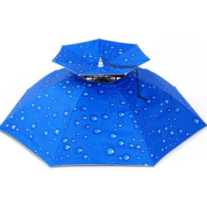 A blue folding umbrella with a raindrop design and a central opening, featuring a black handle and frame.