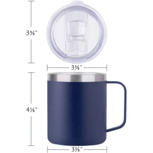 A vacuum insulated camping mug in navy blue with a stainless steel lid and a handle, featuring a logo.