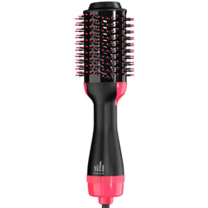 A black and pink hair dryer brush with bristles for styling and drying hair, featuring a logo on the handle.