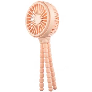 A flexible tripod stroller fan in soft peach colour with three adjustable legs for mounting.