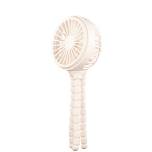 A white stroller fan with a flexible tripod, designed for outdoor use. It has a circular fan head and a bendable base.