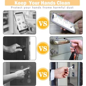 A collection of images showing a No Touch Door Opener Tool in various scenarios, featuring contrasting hand contact surfaces.