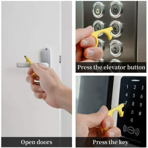 A yellow no touch door opener tool for opening doors and pressing buttons, featured in multiple usage scenarios.