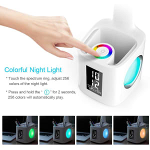 A white desk lamp featuring a colour spectrum ring, digital clock, and colourful night light options.