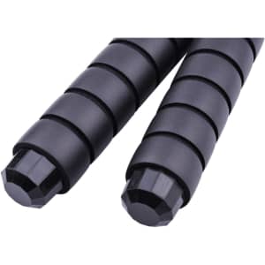 Two black jump rope handles with textured grips and rounded ends, featuring a logo.