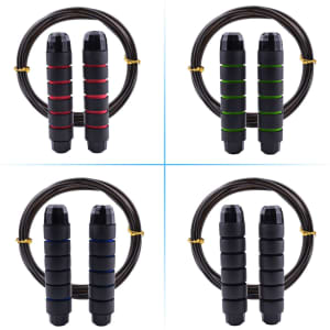 Jump ropes with black handles featuring red, green, and blue accents, accompanied by a black rope. Includes branding elements.