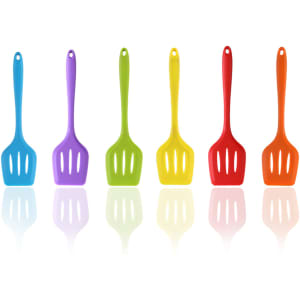 A set of six silicone shovels in blue, purple, green, yellow, red, and orange, featuring holes for easy draining.