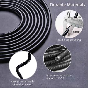 A black coiled rope with a measuring tool, showcasing its durable materials and PVC cladding. Features strong inner steel wire.