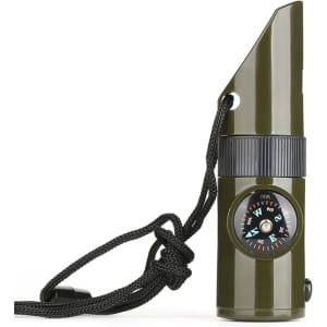 A green camping whistle with a compass, featuring a black adjustable lanyard and a textured grip.