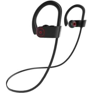 Bluetooth headphones in black with ear hooks and a control panel featuring a power button.