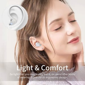 A pair of white in-ear wireless earbuds is shown, featuring an ergonomic design for comfort.