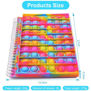 A5 Pop Bubble Fidget Notebook in vibrant pink, blue, and yellow, featuring a spiral binding and bubble pop design.