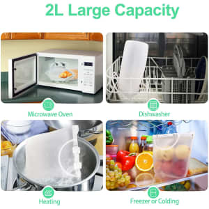 A reusable silicone food storage bag in clear colour, suitable for microwave, dishwasher, and freezer use. Features a logo.