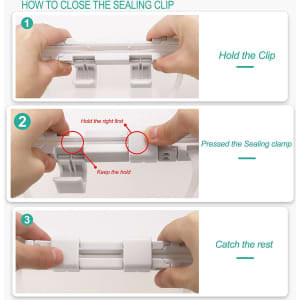 A series of instructional images demonstrating how to close a sealing clip on a silicone food storage bag.