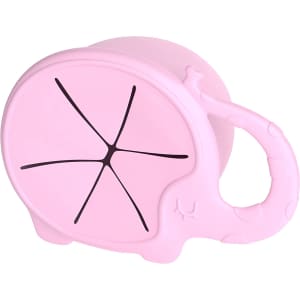 A pink silicone snack catcher shaped like an elephant, featuring a curved handle and segmented opening.