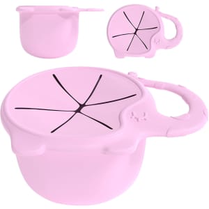 A pink silicone elephant-shaped snack catcher with a lid and a handle, featuring black decorative lines.