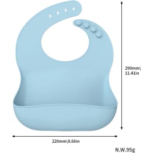 A silicone baby bib in light blue with a curved design and button adjustments, featuring a logo.