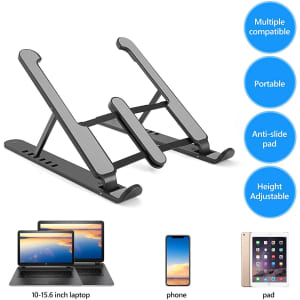 A portable laptop stand in black with adjustable height, featuring an anti-slide pad and compatibility with various devices.