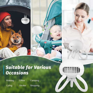A white mini handheld stroller fan with a clip design, suitable for various occasions like walking and shopping.