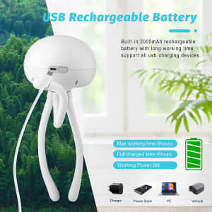A mini handheld stroller fan in white, featuring long flexible legs and a USB rechargeable battery.