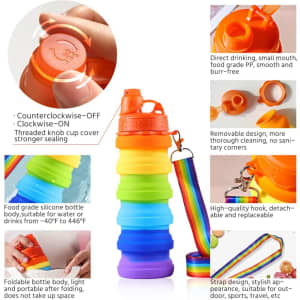 A drink bottle featuring a rainbow of silicone colours, with an orange cap and a detachable strap for easy carrying.