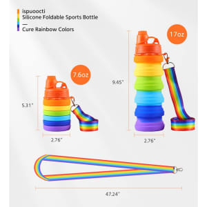 A drink bottle in rainbow colours with a silicone folding design, featuring a detachable strap and a logo.