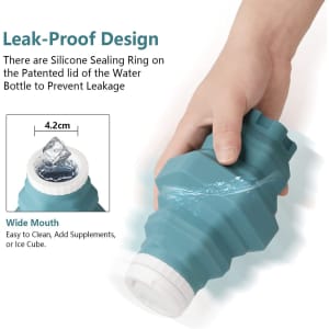A drink bottle in teal with a wide mouth and silicone sealing ring to prevent leakage, featuring a logo on the lid.