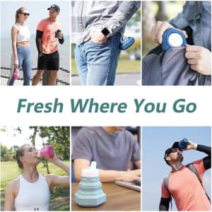 A collapsible water bottle in blue and pink, featuring a logo, displayed in various lifestyle settings.