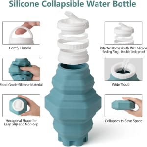 A turquoise collapsible water bottle with a white cap and handle, featuring a hexagonal design and wide mouth.