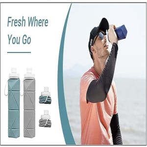 A drink bottle in teal and grey, featuring a sleek design and a logo, beside two smaller bottles on a light background.