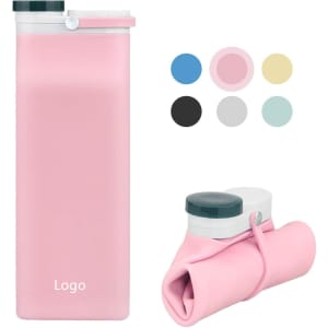A pink silicone foldable water bottle with a green lid, featuring a logo and various colour options displayed next to it.