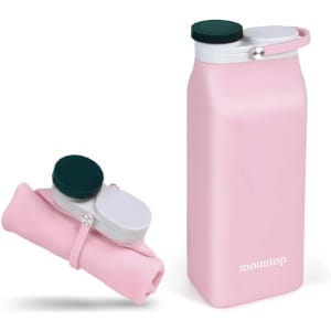 A drink bottle in pink silicone, foldable design, featuring a dark green cap and a branding logo.