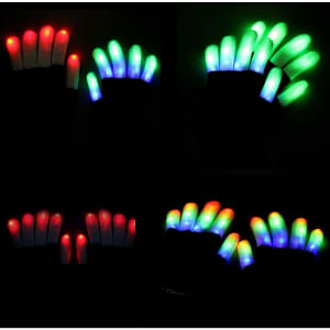 LED gloves featuring vibrant light displays in red, green, and blue, showcased against a dark background.