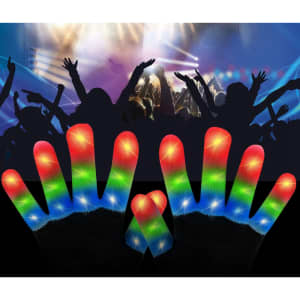 LED gloves featuring vibrant red, green, and blue lights against a background of a concert crowd.