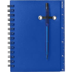 A blue spiral notebook with a pen attached, featuring a ruler along the edge.