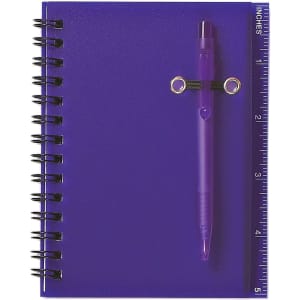 A purple spiral notebook featuring a matching pen attached, with a ruler printed along the side.
