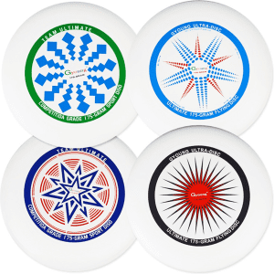 A set of four white Ultimate discs featuring different colourful designs and a logo.