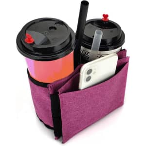 A drink bottle holder in purple fabric, featuring compartments for two cups and a phone, with a straw included.