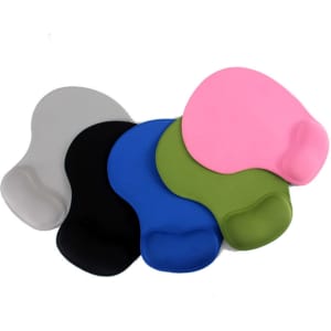 A collection of silicone wrister mousepads in pink, green, blue, black, and grey, featuring a wrist support area.