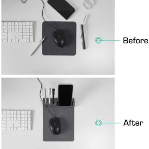 A grey mouse pad with a pen holder, featuring a mouse, phone, and stationery items on a desk.