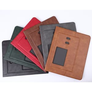 A selection of mouse pads in green, red, brown, grey, and black, featuring a pen holder and a branding logo.