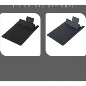 A multi-function mouse pad in black with a wireless charging feature and a stand, available in six optional colours.