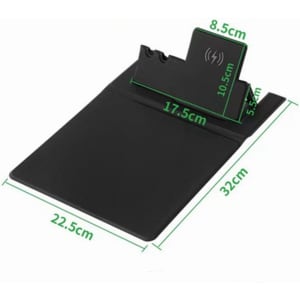 A black multi-function mouse pad with wireless charging features, dimensions labelled, and a slot for a phone stand.